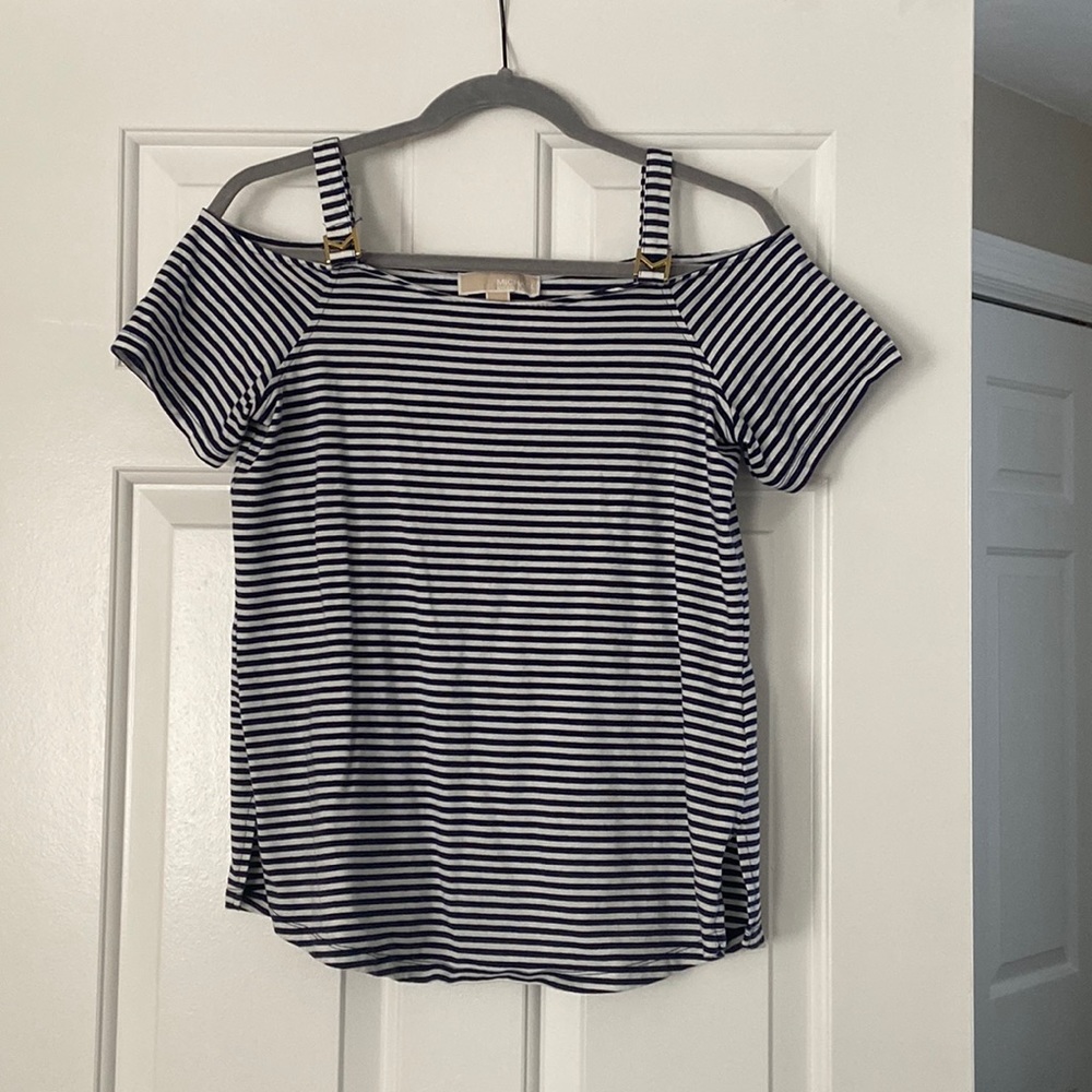 Michael Kors Navy and White Cold Shoulder Top - Small